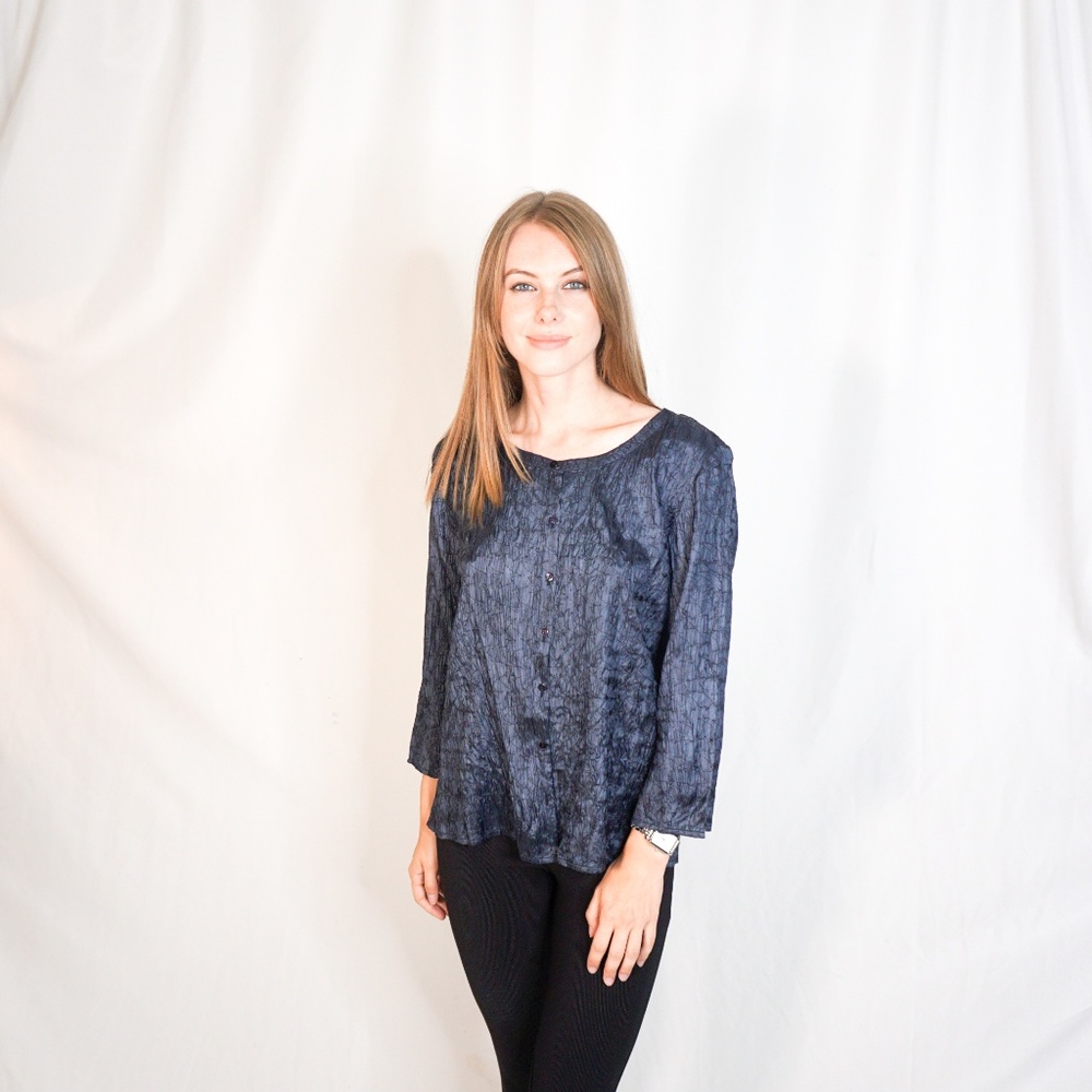 EILEEN FISHER Blue Silk Crinkle Button Shirt - Picture 6 of 8